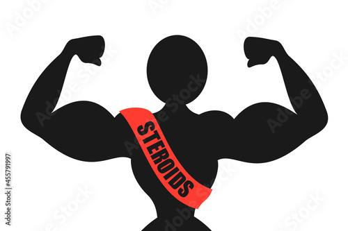 Muscular bodybuilder with big muscles is wearing labelling cordon with Steroids text - bodybuilding and doping. Vector illustration isolated on white.