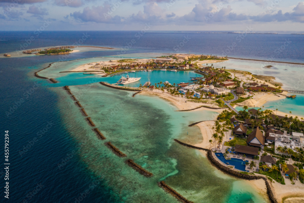 Marina at the Crossroads Maldives islands. South Male atoll. Aerial drone picture. June 2021