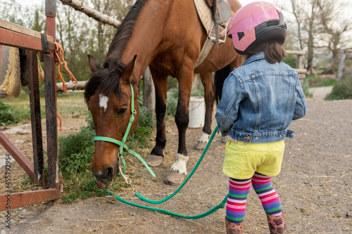Little girl holding horse rope at stable photo