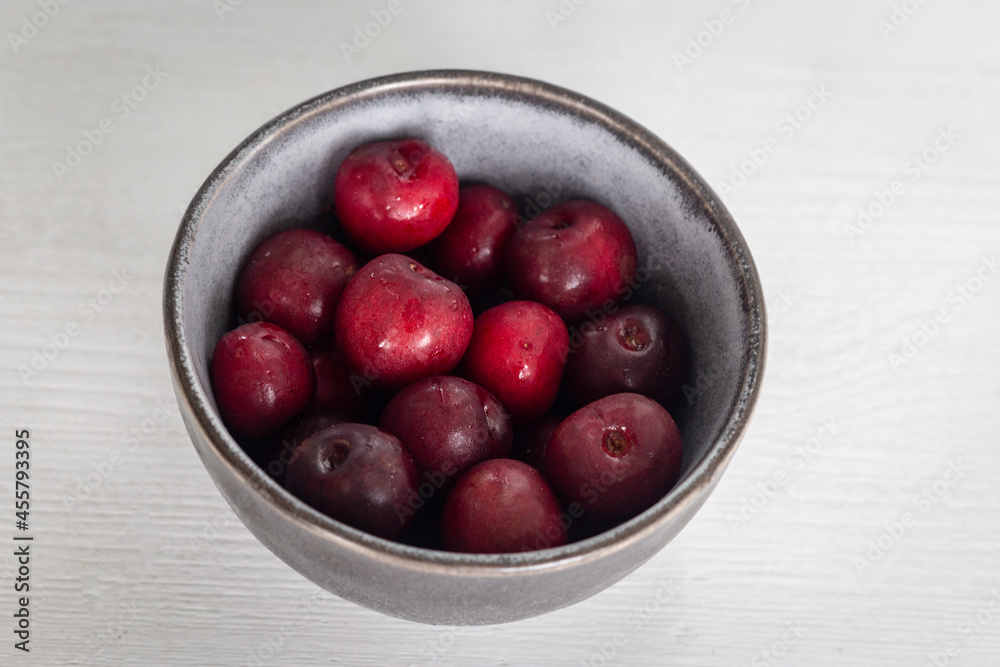 Fresh ripe cherries in a cup on a white background. Vegetarian breakfast. Dessert. Healthy eating. Fresh ripe cherries in a cup on a white background. Vegetarian breakfast. Dessert. Healthy eating.