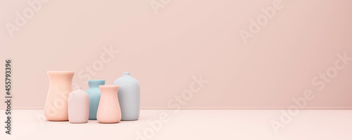 pastel rose and blue vases in front of pastel pink background 3d render illustration