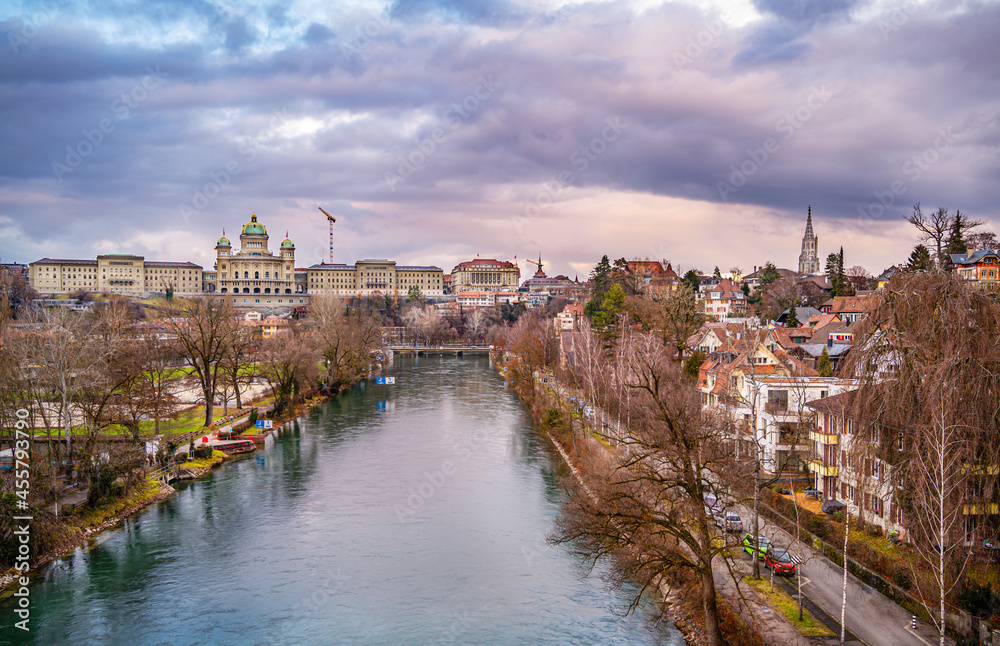 Panorama view of the central part of the city of Bern with the Swiss Parliament shot from the Monbijou bridge over the Aare river