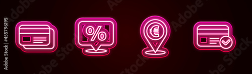 Set line Credit card, Discount percent tag, Cash location and . Glowing neon icon. Vector