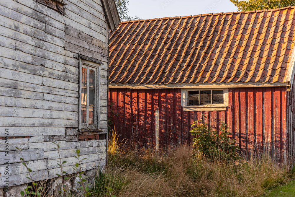 Old abandoned white wooden house and red barn.. Old abandoned white wooden house and red barn..