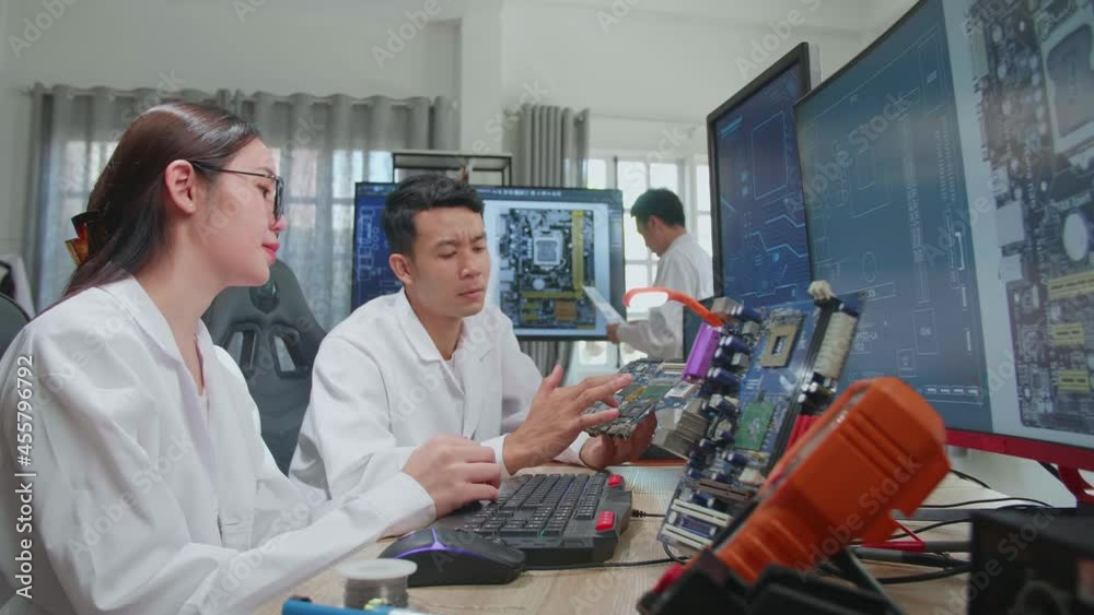 Modern Electronics Development Facility: Asian Team Of Multi Engineers, Scientists Work On Computer, Talk, Design Pcb, New Generation Silicon Microchips, Manufacturing Semiconductors
Modern Electronics Development Facility: Asian Team Of Multi Engineers, Scientists Work On Computer, Talk, Design Pcb, New Generation Silicon Microchips, Manufacturing Semiconductors