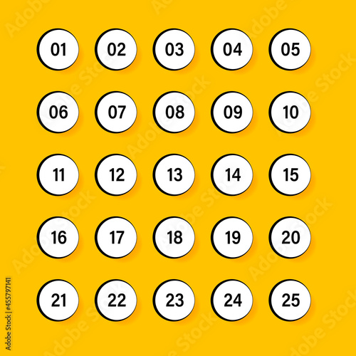 Numbers with black outline on white circles set. Vector illustration.