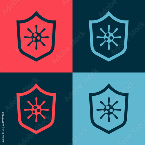 Pop art Shield protecting from virus  germs and bacteria icon isolated on color background. Immune system concept. Corona virus 2019-nCoV. Vector