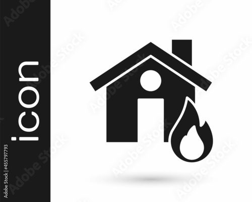 Black Fire in burning house icon isolated on white background. Vector