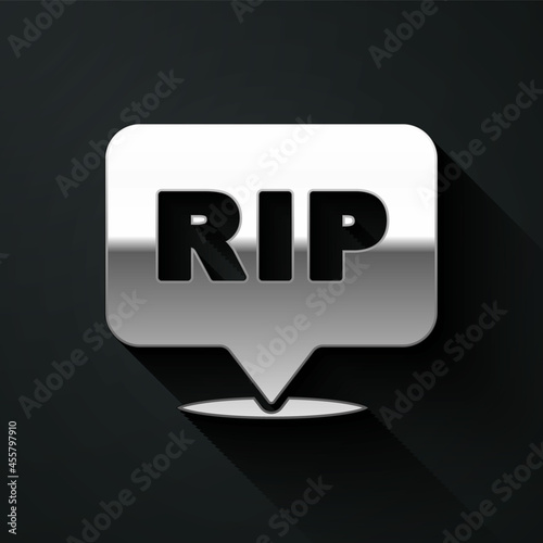 Silver Speech bubble rip death icon isolated on black background. Long shadow style. Vector