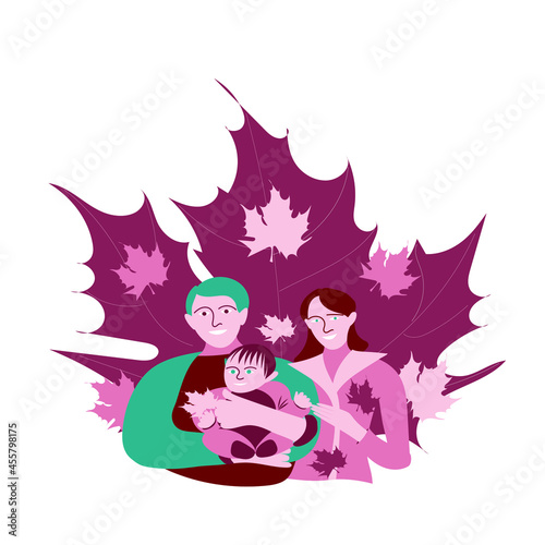 Wallpaper Mural Autumn a young happy couple with a child on the background of a maple leaf Torontodigital.ca