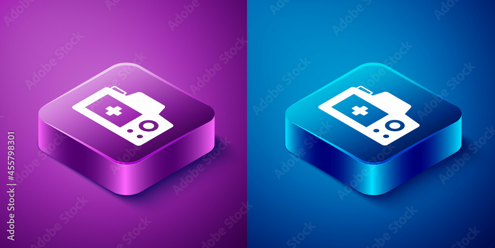 Isometric Photo camera icon isolated on blue and purple background. Foto camera. Digital photography. Square button. Vector Isometric Photo camera icon isolated on blue and purple background. Foto camera. Digital photography. Square button. Vector
