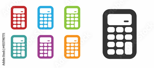 Black Calculator icon isolated on white background. Accounting symbol. Business calculations mathematics education and finance. Set icons colorful. Vector