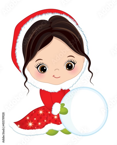 Cute Little Girl Wearing Winter Red Coat Making Snowman. Vector Christmas Cute Girl with Snowball