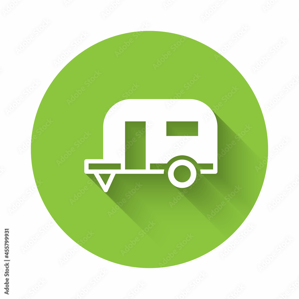 White Rv Camping trailer icon isolated with long shadow. Travel mobile home, caravan, home camper for travel. Green circle button. Vector White Rv Camping trailer icon isolated with long shadow. Travel mobile home, caravan, home camper for travel. Green circle button. Vector