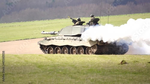 British army FV4034 Challenger 2 main battle tank in action on military exercise Salisbury Plain UK photo