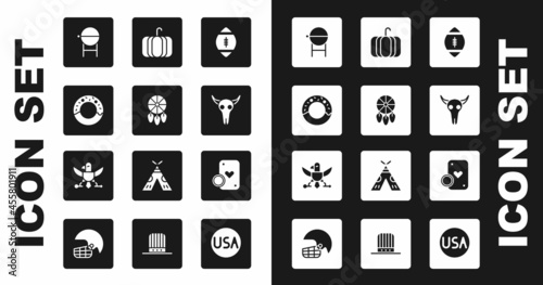 Set American Football ball, Dream catcher with feathers, Donut, Barbecue grill, Buffalo skull, Pumpkin, Casino chip and playing cards and Eagle icon. Vector