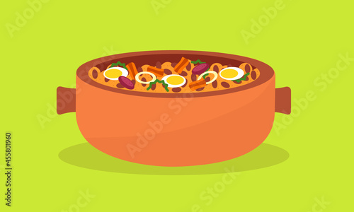 Brazilian cuisine. Flat design. Beans with pork, cabbage, crumbs, eggs, sausage, onions, pork rinds (torresmo) called "tropeiro beans" in Brazil. Typical beans from Minas Gerais. 