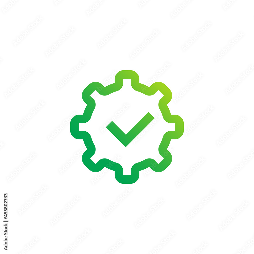 Approved Cogwheel Logo. Check Mark Inside Gear Green Symbol Icon Template Element Approved Cogwheel Logo. Check Mark Inside Gear Green Symbol Icon Template Element