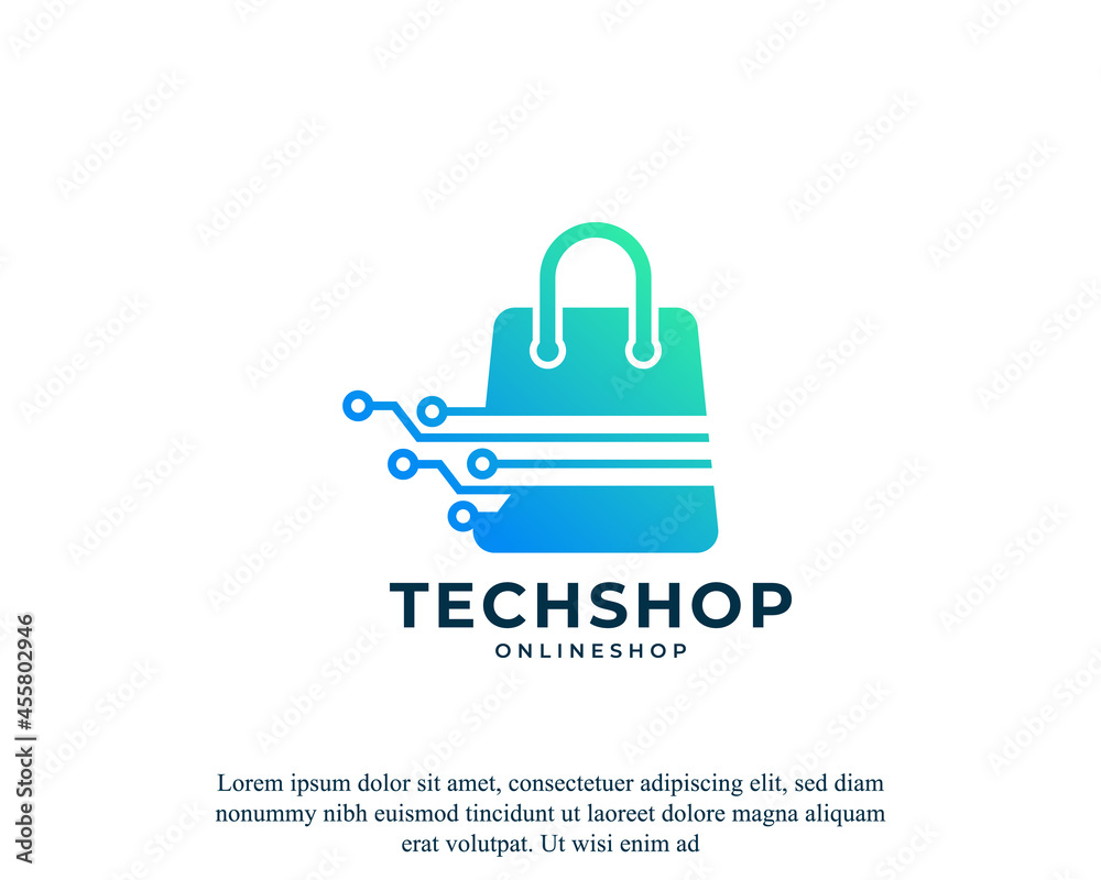 Digital Shop Symbol. Shopping Hand Bag with Electronic Computer Chip Design Template Element