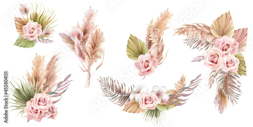 Watercolor boho floral bouquet of pampas grass branches, palm leaves, dry flower, roses in pastel colors. Illustration for web design, print, fabric textile, wedding invitation and greeting cards © Nataliya Kunitsyna