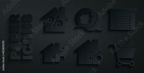 Set Location with house, Garage, Sale, Shopping cart, Real estate message and House percant discount icon. Vector