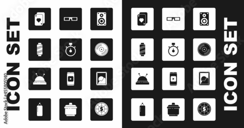 Set Stereo speaker, Stopwatch, Sewing thread on spool, Playing cards, Vinyl disk, Cinema glasses, Picture landscape and Needle bed needles icon. Vector