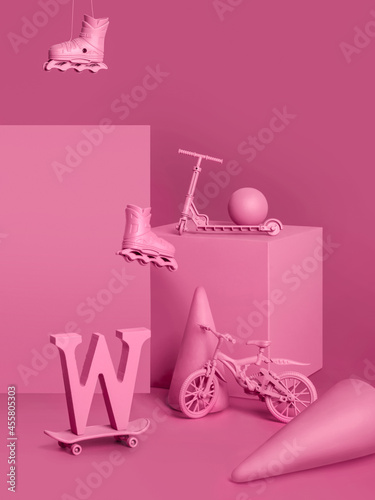 Pink monochromatic still life with wheeled objects photo