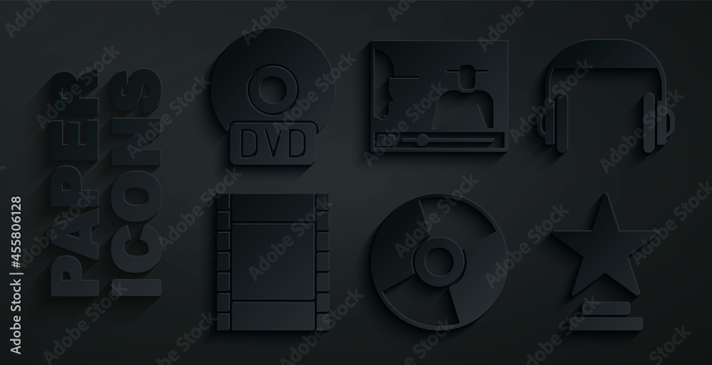 Set CD or DVD disk, Headphones, Play Video, Movie trophy, Online play video and icon. Vector Set CD or DVD disk, Headphones, Play Video, Movie trophy, Online play video and icon. Vector