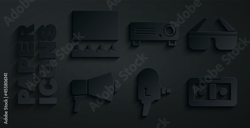 Set Retro cinema camera, 3D glasses, Megaphone, VHS video cassette tape, Movie, film, media projector and Cinema auditorium with screen icon. Vector