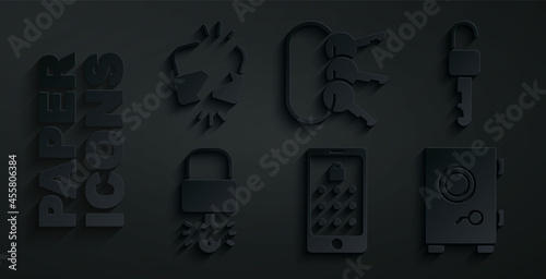 Set Mobile and graphic password, Unlocked key, Key broke inside of padlock, Safe, Bunch keys and Broken cracked icon. Vector