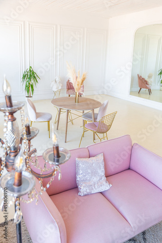 delicate and cozy light interior of the living room with modern stylish furniture of pastel pink color and white walls with stucco moldings in daylight © 4595886