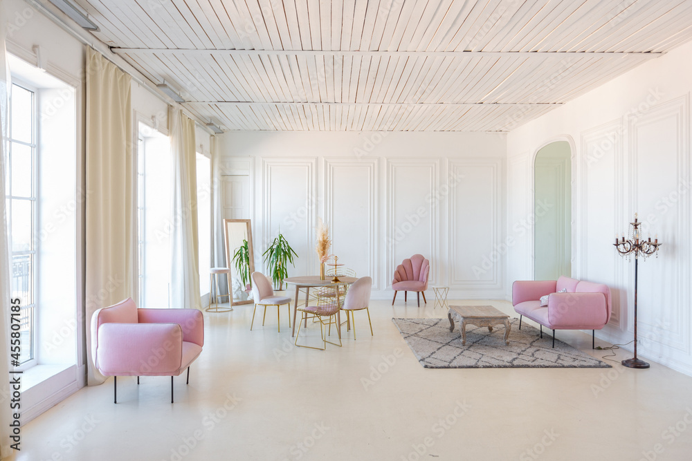 Fototapeta premium delicate and cozy light interior of the living room with modern stylish furniture of pastel pink color and white walls with stucco moldings in daylight
