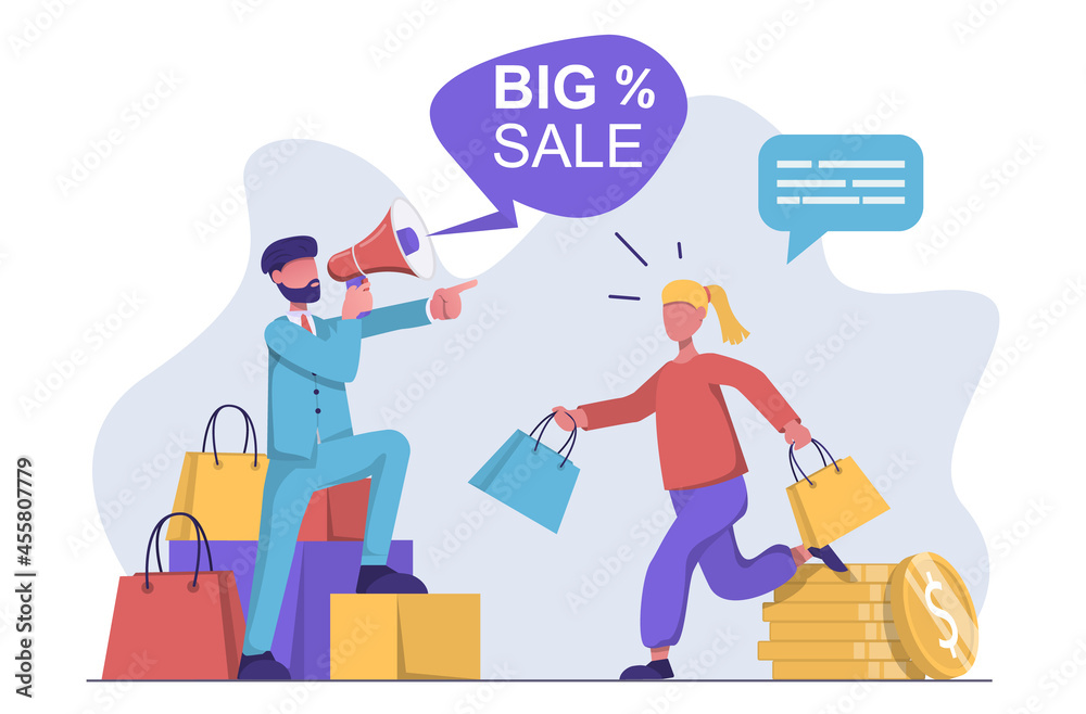 A woman with her purchases runs to a man who announces a sale and discounts over the loudspeaker. Flat vector illustration. A woman with her purchases runs to a man who announces a sale and discounts over the loudspeaker. Flat vector illustration.