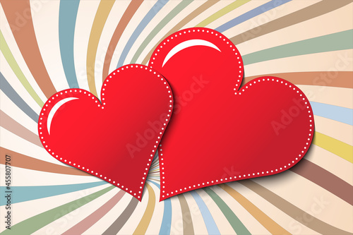 Vintage red hearts on retro style background vector design. Two overlapping red hearts on sunbeam style background to use in love cards and invitations.