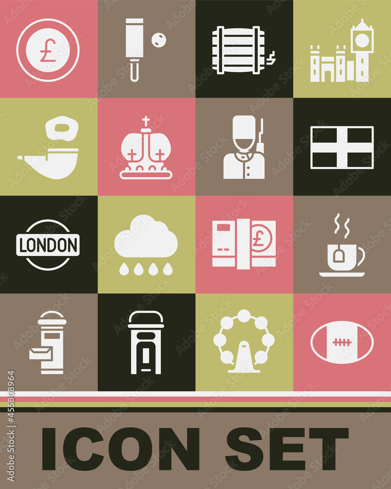 Set Rugby ball, Cup of tea with tea bag, Flag England, Wooden barrel, British crown, Smoking pipe, Coin money pound and soldier icon. Vector Set Rugby ball, Cup of tea with tea bag, Flag England, Wooden barrel, British crown, Smoking pipe, Coin money pound and soldier icon. Vector