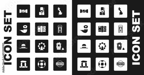 Set England map, Pound sterling money, Smoking pipe, Bow tie, London phone booth, British soldier, Coffee cup to go and Elegant women hat icon. Vector