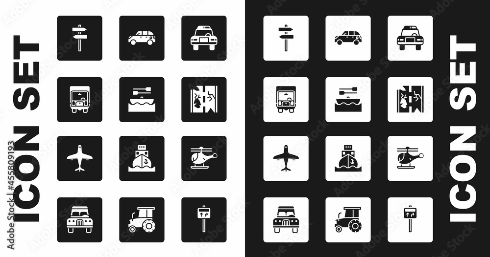 Set Police car and flasher, Boat with oars, Delivery cargo truck, Road traffic signpost, Broken road, Hatchback, Helicopter and Plane icon. Vector Set Police car and flasher, Boat with oars, Delivery cargo truck, Road traffic signpost, Broken road, Hatchback, Helicopter and Plane icon. Vector