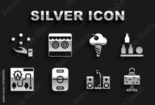 Set Hockey table, Bottles ball, Magic on, Home stereo with two speakers, Amusement park map, Ice cream in waffle cone, Juggling and Shooting gallery icon. Vector