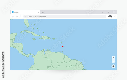 Browser window with map of Saint Kitts and Nevis, searching Saint Kitts and Nevis in internet.