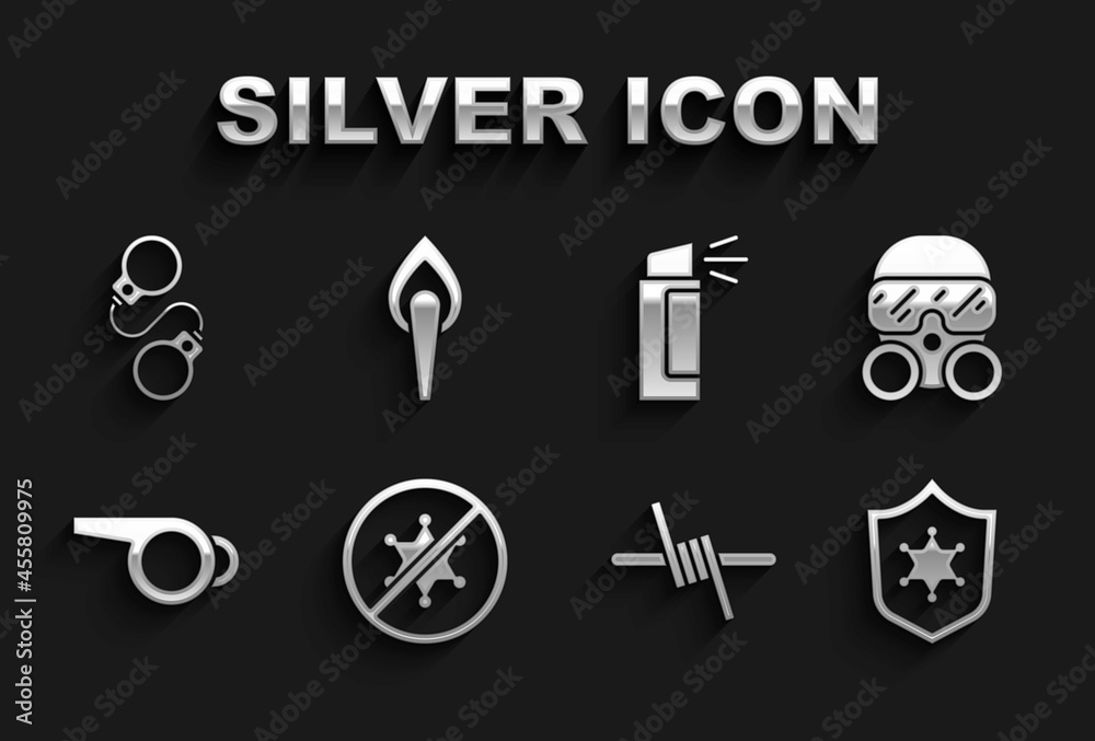 Set Protest, Gas mask, Police badge, Barbed wire, Whistle, Pepper spray, Handcuffs and Torch flame icon. Vector Set Protest, Gas mask, Police badge, Barbed wire, Whistle, Pepper spray, Handcuffs and Torch flame icon. Vector