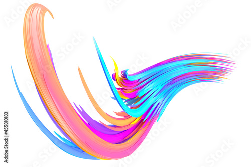 Multicolored abstract twisted brush stroke. Bright curl, artistic spiral. 3D rendering image