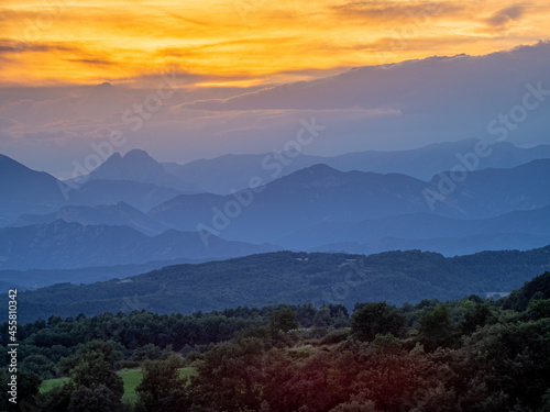 A sunset with the silhouette of the Pedraforca  a famous mountain in Catalonia.