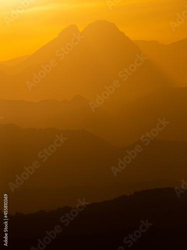 A sunset with the silhouette of the Pedraforca  a famous mountain in Catalonia.