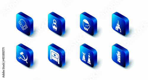 Set Russian doll matryoshka, Christmas mitten, The Tsar bell, Birch tree, Chess, Ushanka, Hammer and sickle USSR and bagels icon. Vector