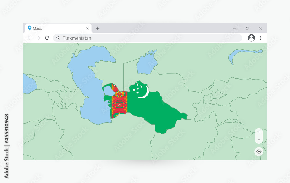 Browser window with map of Turkmenistan, searching Turkmenistan in internet. Browser window with map of Turkmenistan, searching Turkmenistan in internet.