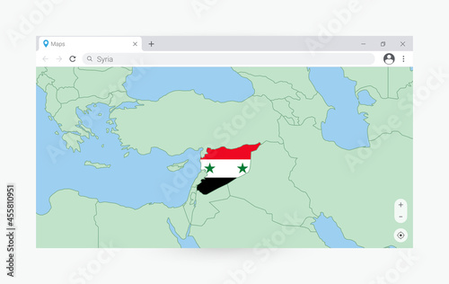 Browser window with map of Syria, searching  Syria in internet.