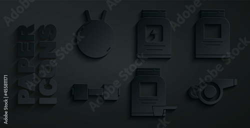 Set Sports nutrition, Dumbbell, Whistle, and Kettlebell icon. Vector