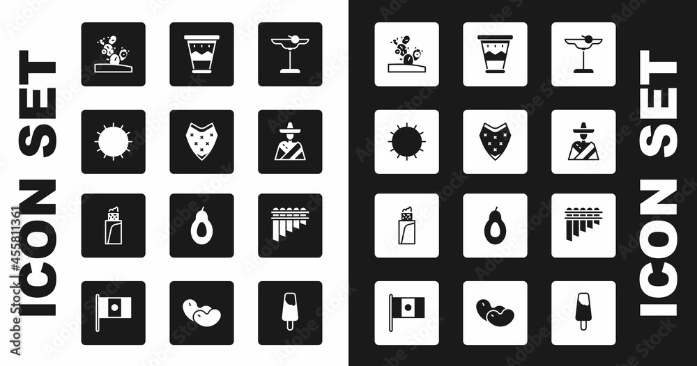 Set Margarita cocktail, Poncho, Sun, Cactus, Mexican man sombrero, drum, Pan flute and Burrito icon. Vector Set Margarita cocktail, Poncho, Sun, Cactus, Mexican man sombrero, drum, Pan flute and Burrito icon. Vector