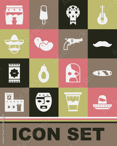 Set Mexican sombrero, Cigar, Mustache, skull, Beans, man, Huehuetl and Revolver gun icon. Vector