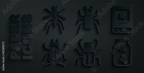 Set Stink bug, Book about insect, Beetle, Fireflies bugs jar, and Mosquito icon. Vector